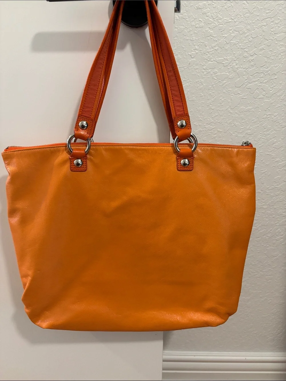 Coach Poppy Glam Bright Orange Shoulder Tote with Front Zip Pocket